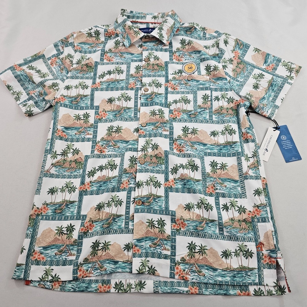 Caribbean Joe shirt mens M Medium palm white green short sleeve pocket UPF50 $50